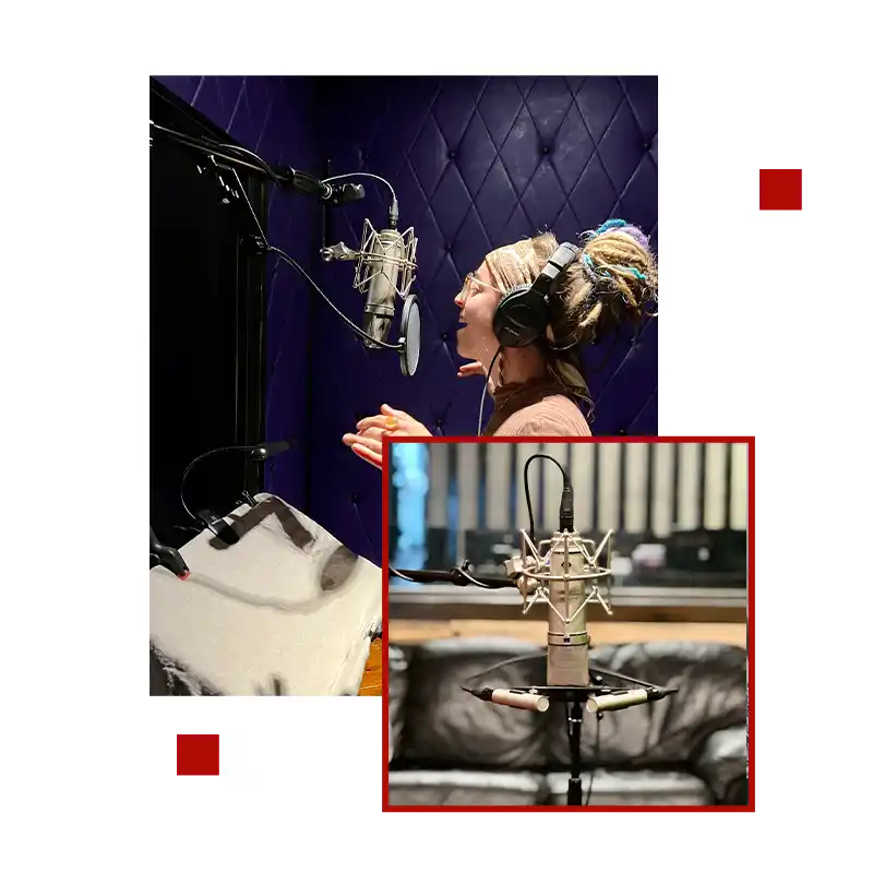 A woman wearing headphones singing into a microphone in a soundproof recording studio, with a close-up of the microphone in the inset. audio recording
