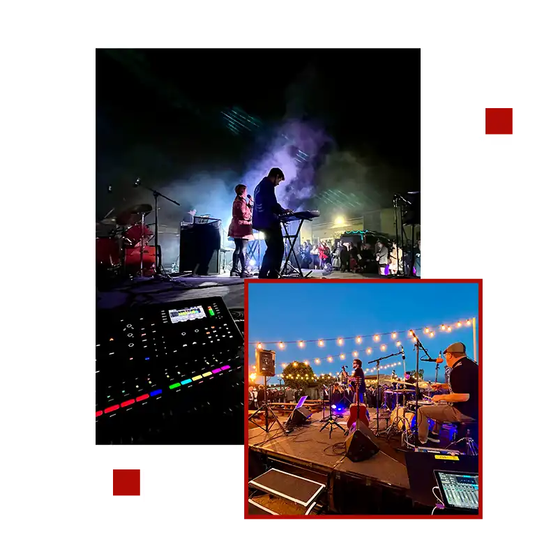 A composite image of a nighttime concert showing musicians on stage and a close-up of an audio mixing console with the stage in the background. live sound engineering