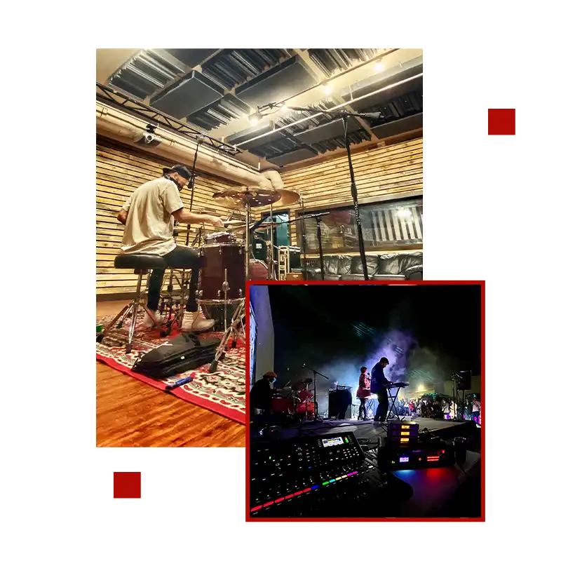 A collage of two photos: the top shows a man playing piano in a studio, the bottom a band performing live on stage with vibrant lighting.