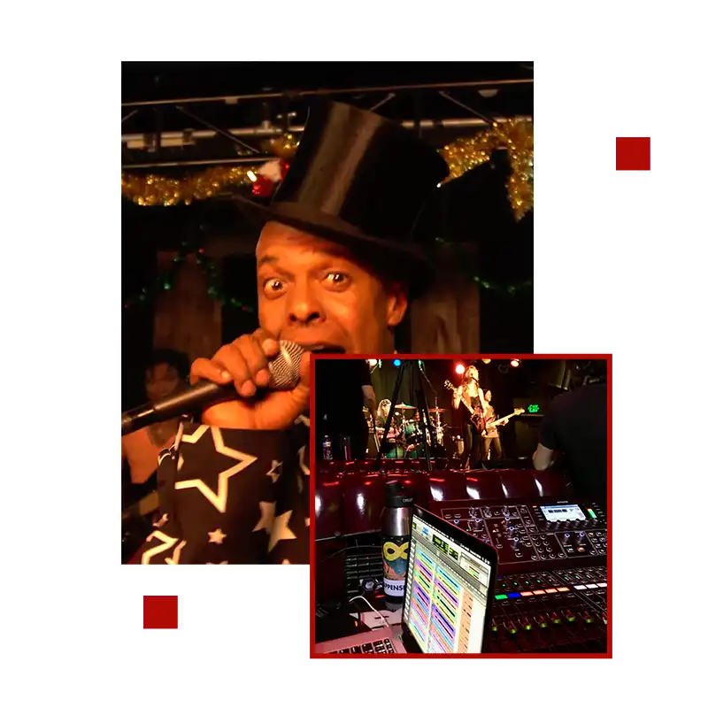 A collage of three images: a man in a top hat singing into a microphone, a band performing on stage, and a close-up view of a dj's mixing console. production sound engineer