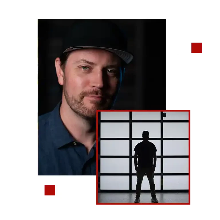 A split image with a close-up of a man in a hat on the left and his silhouette against a grid window in a dark room on the right.