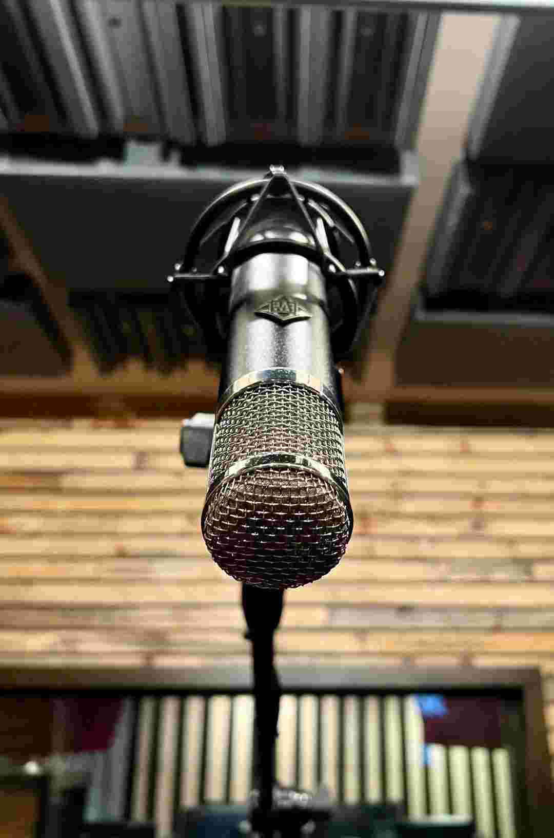 Close-up of a microphone in a recording studio with soundproofing panels visible in the background.