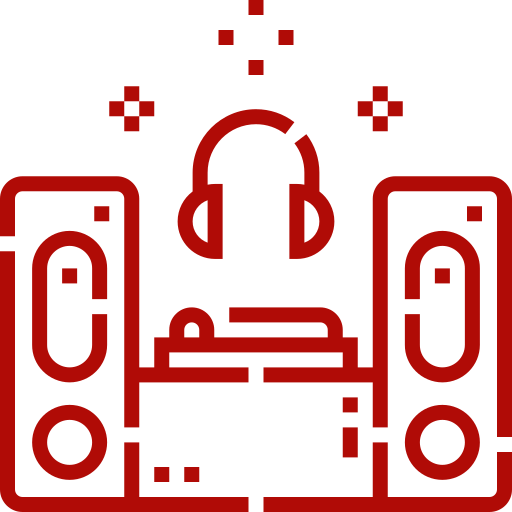 Icon depicting a home audio system with two speakers, a central unit, and a pair of headphones above it, all outlined in red.