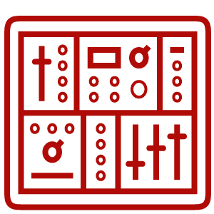A red, abstract grid design with various shapes and lines on a black background.