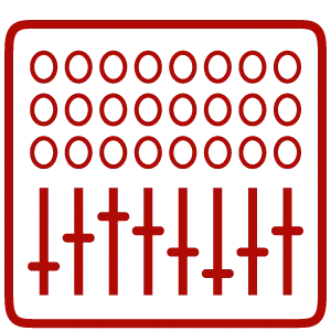 Pixelated image of a red abacus with multiple rows of circular beads on a black background.