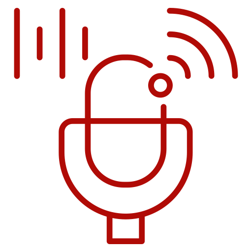 Red line drawing of a microphone with sound wave lines to the left and right, suggesting voice recording or audio broadcasting.